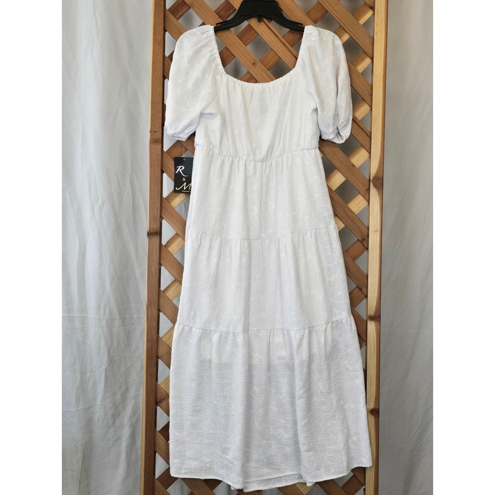 R&M by RM Richards Midi Dress Womens 10 White Eyelet Tiered Puff Sleeve -New - Picture 2 of 5